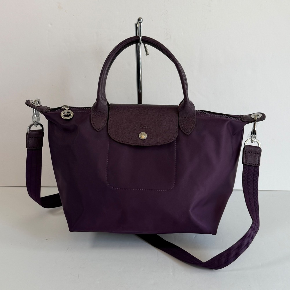 Longchamp Le Pliage Neo Purple Nylon Bag Satchel Detachable Strap France NWOT